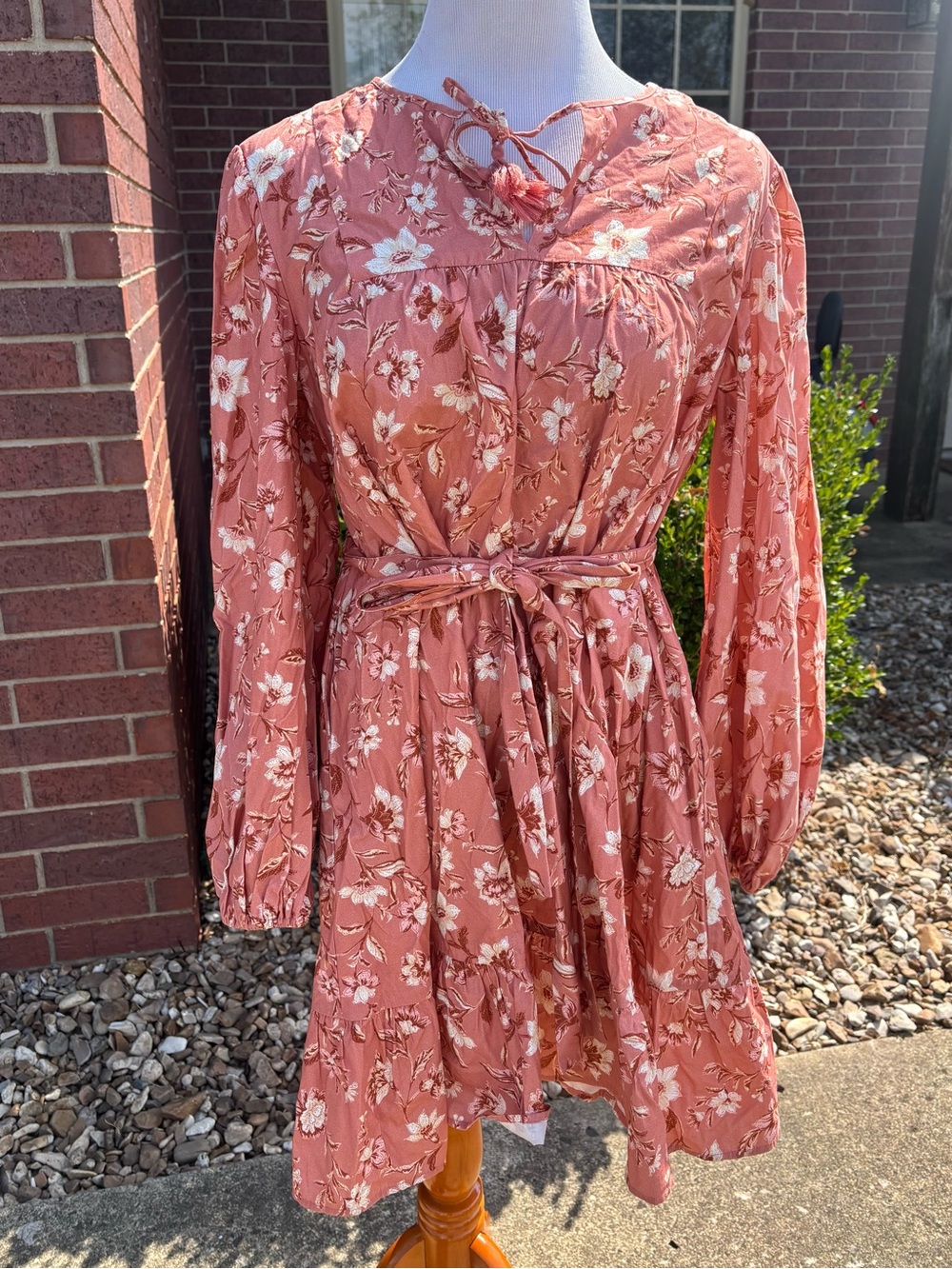 Time and Tru Rose-Tone Floral Long Sleeve Tie-Waist Dress